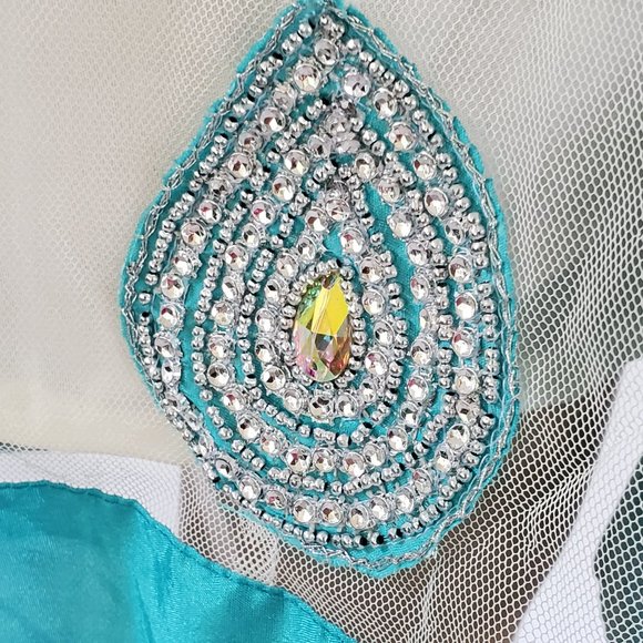 White Beaded A Line Sun Dress Women's XS Sleeveless Teal Trim Lined Netted - Picture 8 of 12